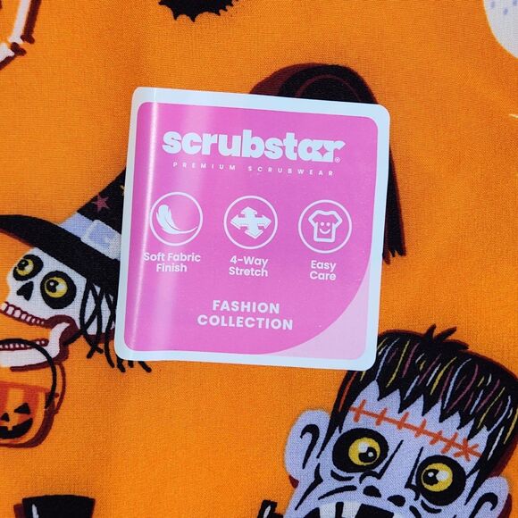 Scrubstar V Neck Scrub Top Womens Size Medium Orange Halloween Theme New - Picture 5 of 7